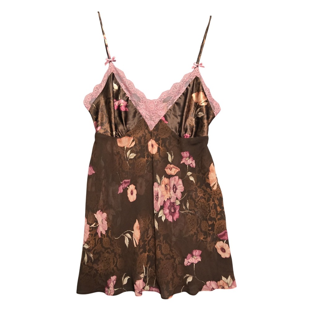 Vintage Fairy Chiffon Sheer Brown Pink‎ Floral Lace Babydoll Chemise Lingerie